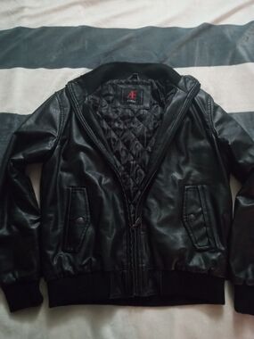 Mens Black Faux Leather Quilted-Lined Bomber Jacket